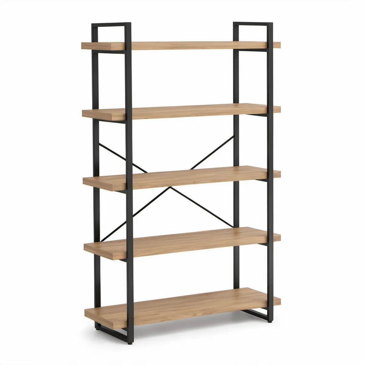 Gulvreol med 5 hylder i naturfarvet MDF og sort stål, 90 x 35 x 180 cm