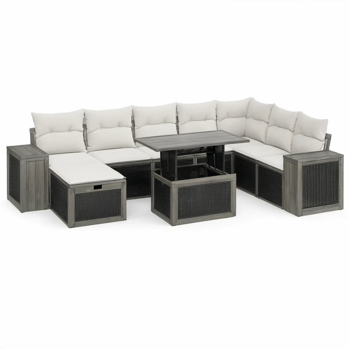 Loungesæt med hjørnesofa, bord og puf 270 x 210 cm i grå, sort og creme