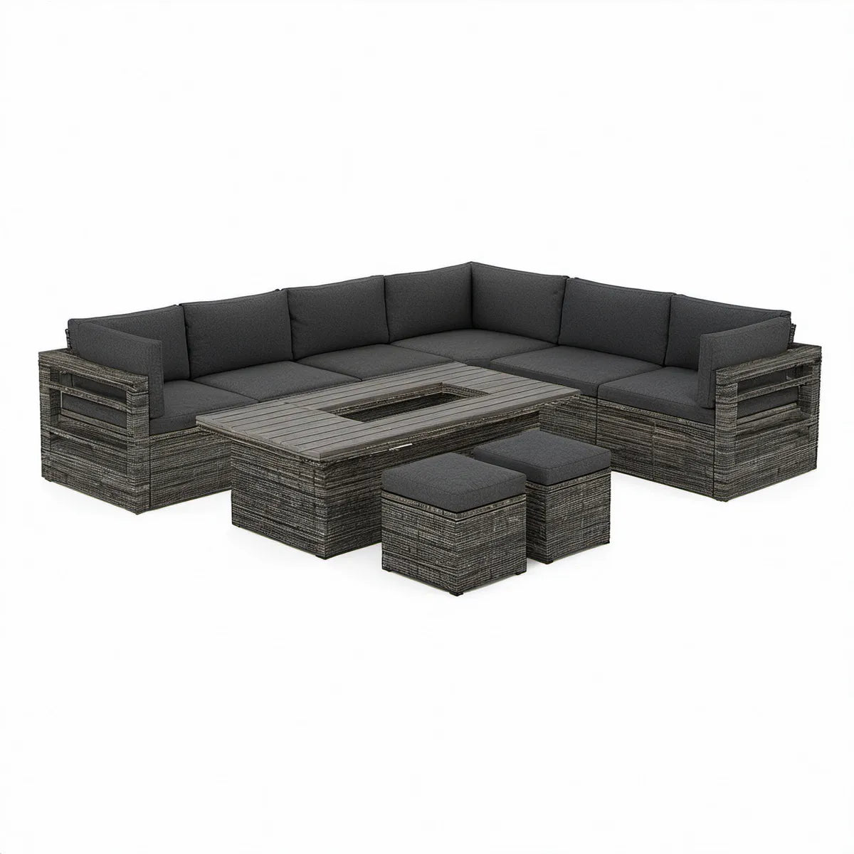 Haveloungesæt med hjørnesofa, bord og 2 puffer i grå PE-rattan, 250 × 250 cm