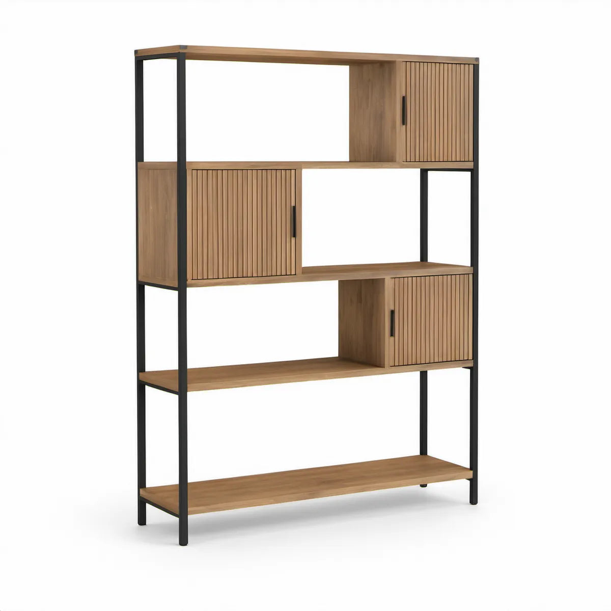 Reol med 3 skabe og 4 hylder, 90 x 35 x 180 cm, naturfarvet eg/sort
