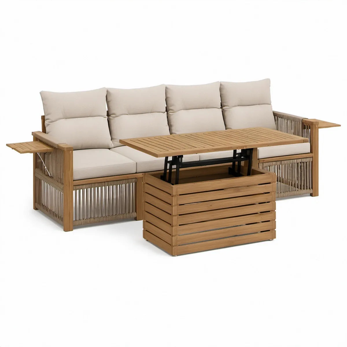 4-personers loungesofa i naturfarvet akacietræ med beige hynder og hævebord, sofa 260 x 75 x 85 cm