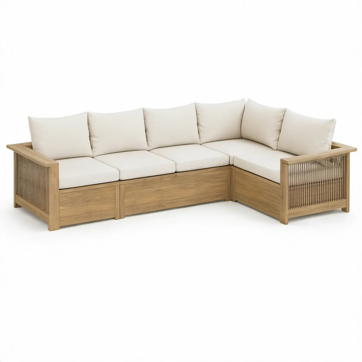 L-formet 5-personers havesofa i massivt akacietræ, natur/creme, 220 x 220 x 70 cm